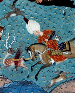 Darstellung der Höflinge von Sultan Murad II (Murat) (1404-1451) bei der Jagd auf Hirsche und Hasen (Detail). 17. Jahrhundert Miniatur. Istanbul, Topkapi Sarayi Museum Bibliothek von Ottoman School