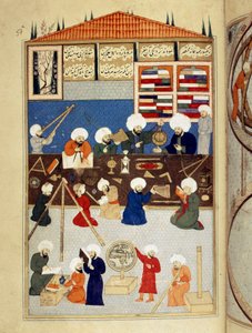 Wissenschaft und Islam: Beschreibung des astronomischen Observatoriums des arabischen Wissenschaftlers Taqi al-Din (1526-1585), gebaut unter Murad III in Istanbul 1577, Astronomen arbeiten mit Instrumenten. Manuskript-Miniatur ms. FY 1404