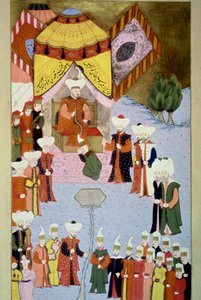 Sultan Bayezid I (1360-ca. 1402) hat seinen Miniaturhof aus „Hunername“ von Lokman, Bd. 1 (H 1523, f.7) 1584 Topkapi Sarayi Museum Bibliothek Istanbul