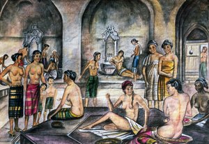 Türkisches Bad, Aquarell, osmanische Zivilisation