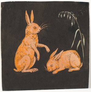 Zwei Hasen (Kaninchen?) auf schwarzem Hintergrund. Dekorativer Entwurf. von P.C. Skovgaard