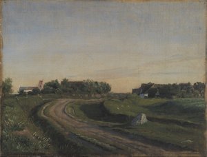 Vejby mit der Kirche von Norden gesehen. Abendlicht. Seeland