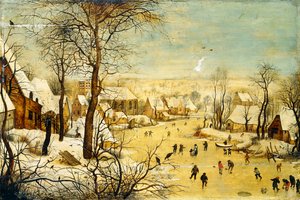 Ein Dorf im Winter mit einer Vogelfalle und Schlittschuhläufern auf einem zugefrorenen Wasserweg von P. the Younger Brueghel