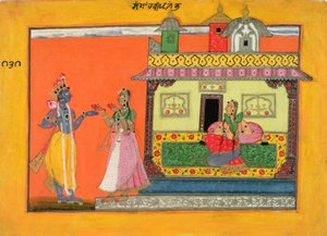 Krishna kommt im Haus von Radha an, Illustration aus einem Manuskript des Rasamanjari von Bhanudatta, Basholi-Stil, ca. 1660-70