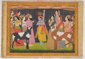 Krishna hebt den Berg Govardhana, aus dem Bhagavata Purana, Kulu, Himachal Pradesh, 1749 von Pahari School