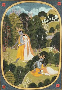 Radha und Krishna spazieren in einem Hain, Kangra, Himachal Pradesh, 1820-25
