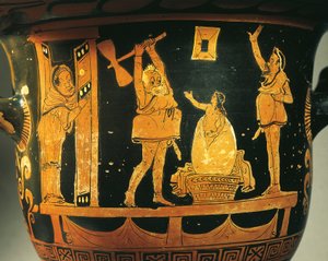 Apulischer Krater mit Theaterszene, Karikatur der Geburt von Helena im Ei, zugeschrieben dem Dijon-Maler, rotfigurige Keramik, Detail, aus Bari, Apulien, Italien, Antike griechische Zivilisation, Magna Graecia, 4. Jahrhundert v. Chr. von Painter Dijon