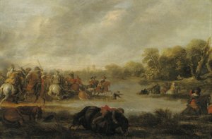 Ein Kavalleriegefecht an einem Fluss von Palamedes Palamedesz