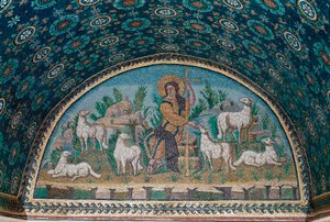 Guter Hirte. Mosaik des Bogens über der Eingangstür des Mausoleums von Galla Placidia, ca. 425 (Mosaik)