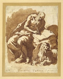 St. Hieronymus sitzt auf einem Felsen und schreibt