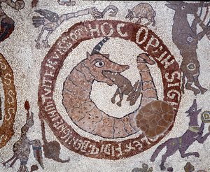 Darstellung des Leviathan in Form eines Krokodils, das Satan verkörpert und einen Hasen im Maul hält, der den Menschen darstellt. Mosaik von Pantaleone, Priester und Mosaikkünstler