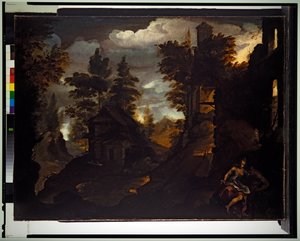 Eine Nymphe und ein Satyr bei einem zerstörten Gebäude in einer felsigen bewaldeten Landschaft von Paolo (1540 96) Fiammingo