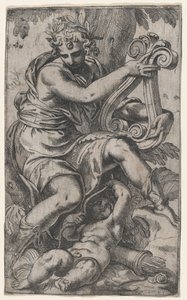 Cupid und Apollo mit einer Lyra von Paolo Farinati