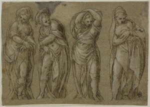 Vier stehende, drapierte weibliche Figuren