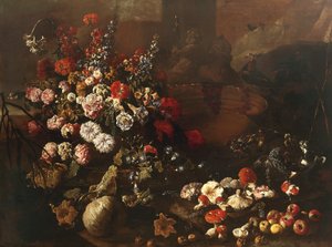 Stillleben mit Blumen, Früchten, Pilzen und Vögeln von Paolo Porpora