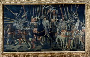 Der Gegenangriff von Micheletto da Cotignola (Die Schlacht von San Romano). Zweite Episode, die den Gegenangriff von Micheletto da Cotignola illustriert. Gemälde von Paolo di Dono genannt Paolo Uccello (1397-1475) von Paolo Uccello