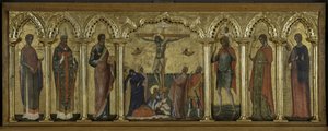St. Stratonicus, St. Hermolaus, St. Matthäus, St. Christophorus, St. Thekla und St. Abundius, Polyptychon der Kreuzigung mit Heiligen von Paolo Veneziano
