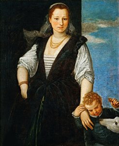 Porträt einer Frau mit einem Kind und einem Hund Isabella Guerrieri Gonzaga Canossa, 1547-1548