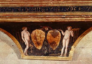 Adam und Eva, aus Die Jungfrau der Demut mit Engeln und Heiligen, ca. 1440 (Detail)