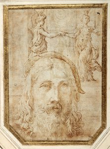 Selbstporträt, überlagert auf Vorstudien für zwei Canephori der Steccata von Parmigianino