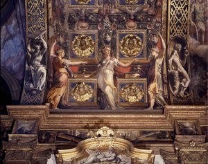 Drei der fünf törichten Jungfrauen. Detail der Fresken von Francesco Mazzola, bekannt als Parmigianino, die das Hauptgewölbe der Hauptkapelle der Kirche Madonna della Steccata in Parma schmücken