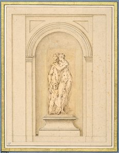 Zwei Figuren und ein Amor umgeben von einem späteren architektonischen Rahmen