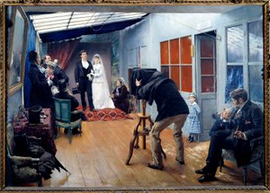 Eine Hochzeit mit dem Fotografen im Jahr 1879. Paar junger Brautleute posiert im Fotostudio. Gemälde von Pascal Adolphe Jean Dagnan-Bouveret (1852-1929)