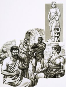 Ein Sanitäter bei den Gladiatorenspielen versorgt Überlebende