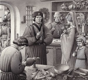 Ein Goldschmiedeladen im 15. Jahrhundert in Italien