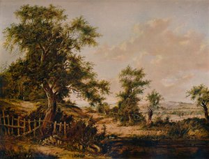 Landschaft mit Teich und Baum im Vordergrund, 1828