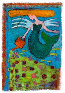 Eine Meerjungfrau bewässert ein Blumenfeld 2014 (Zeichnung) von Patrizia La Porta