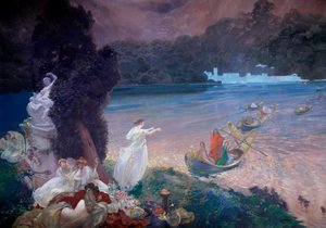 Glückliche Insel: Fabelszene mit Booten, die Gäste zu einem Bankett auf dem Rasen bringen (Detail)