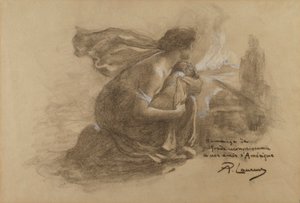 Mutter und Kind und brennendes Dorf von Paul Albert Laurens