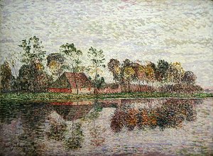 Süddeutscher Bauernhof mit vielen Bäumen und einem Fluss