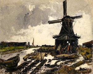 Holland, eine Kanallandschaft mit einer Holzsägemühle, ca. 1885