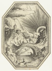 Landschaft mit Steinbrücke im achteckigen Rahmen