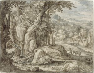 Mühle auf einem Felsen bei einer Schlucht von Paul Bril