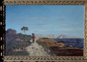 Um Marseille im Jahr 1866: Meereslandschaft mit Frau, die einen Korb auf dem Kopf trägt und auf einer Straße geht. Gemälde von Paul Camille Guigou (1834-1871). 1866. Kurios. Perigord Museum
