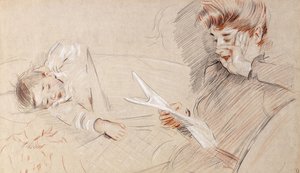 Madame Helleu liest, mit Paulette neben ihr auf einem Sofa liegend