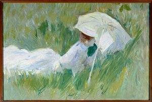Porträt von Madame Helleu, Ehefrau des Malers, im Gras Gemälde von Paul Cesar Helleu vor 1927, Öl auf Leinwand, Rouen, Museum der Schönen Künste