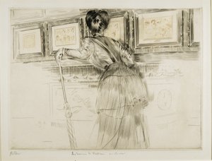 Frau betrachtet Watteau-Zeichnungen im Louvre, ca. 1895 von Paul Cesar Helleu