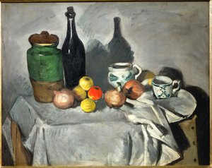 Stillleben: Töpfe, Flasche, Tasse und Obst von Paul Cezanne