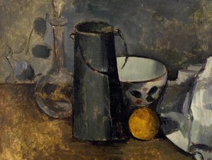 Stillleben mit Karaffe, Milchkännchen, Schüssel und Orange von Paul Cézanne