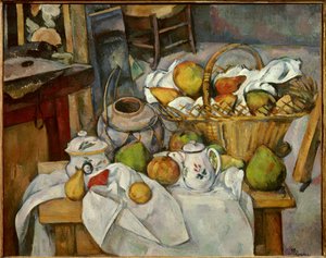 Stillleben mit Obstkorb auf einem Tisch von Paul Cézanne
