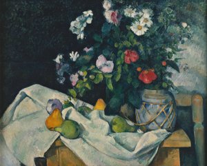 Blumen in einem Ingwertopf und Früchte
