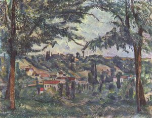 Das Dorf Pâtis in Pontoise, eingerahmt von Bäumen von Paul Cézanne