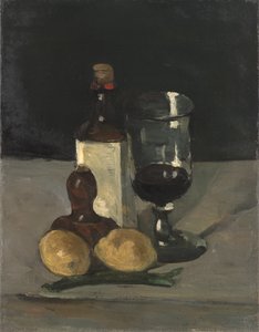Stillleben mit Flasche, Glas und Zitronen