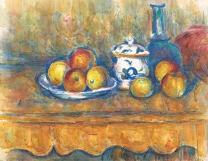 Stillleben mit blauer Flasche, Zuckerdose und Äpfeln von Paul Cézanne