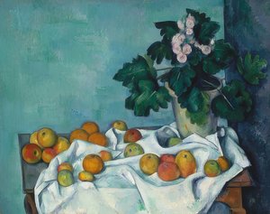 Stillleben mit Äpfeln und einem Topf Primeln, um 1890 von Paul Cézanne