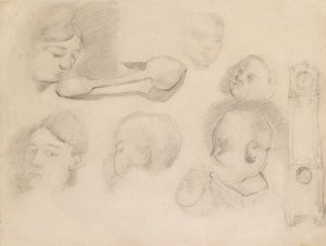 Studien eines Kinderkopfes, eines Frauenkopfes, eines Löffels und einer Standuhr, ca. 1872